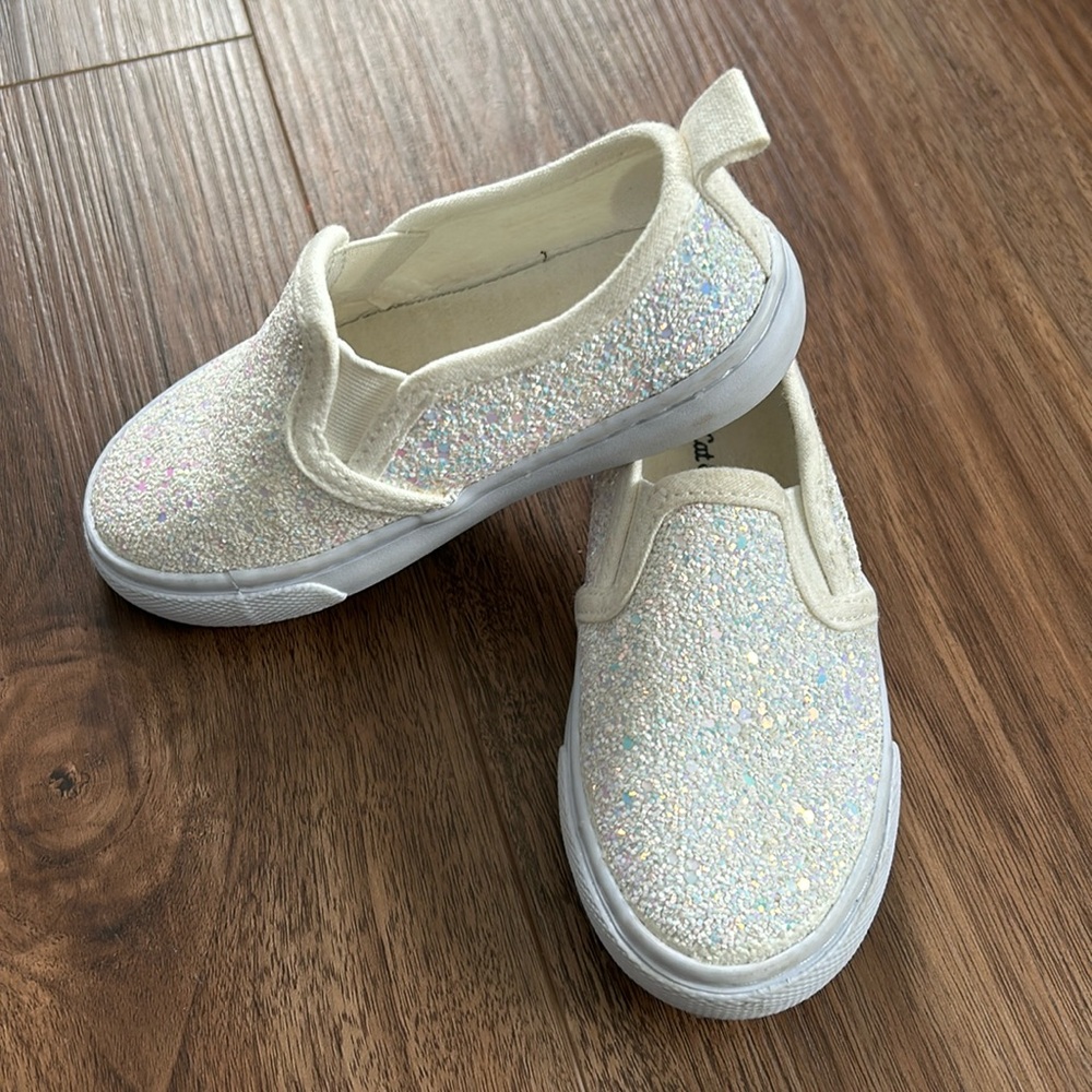 Girls size 8  white glitter slip on sneakers